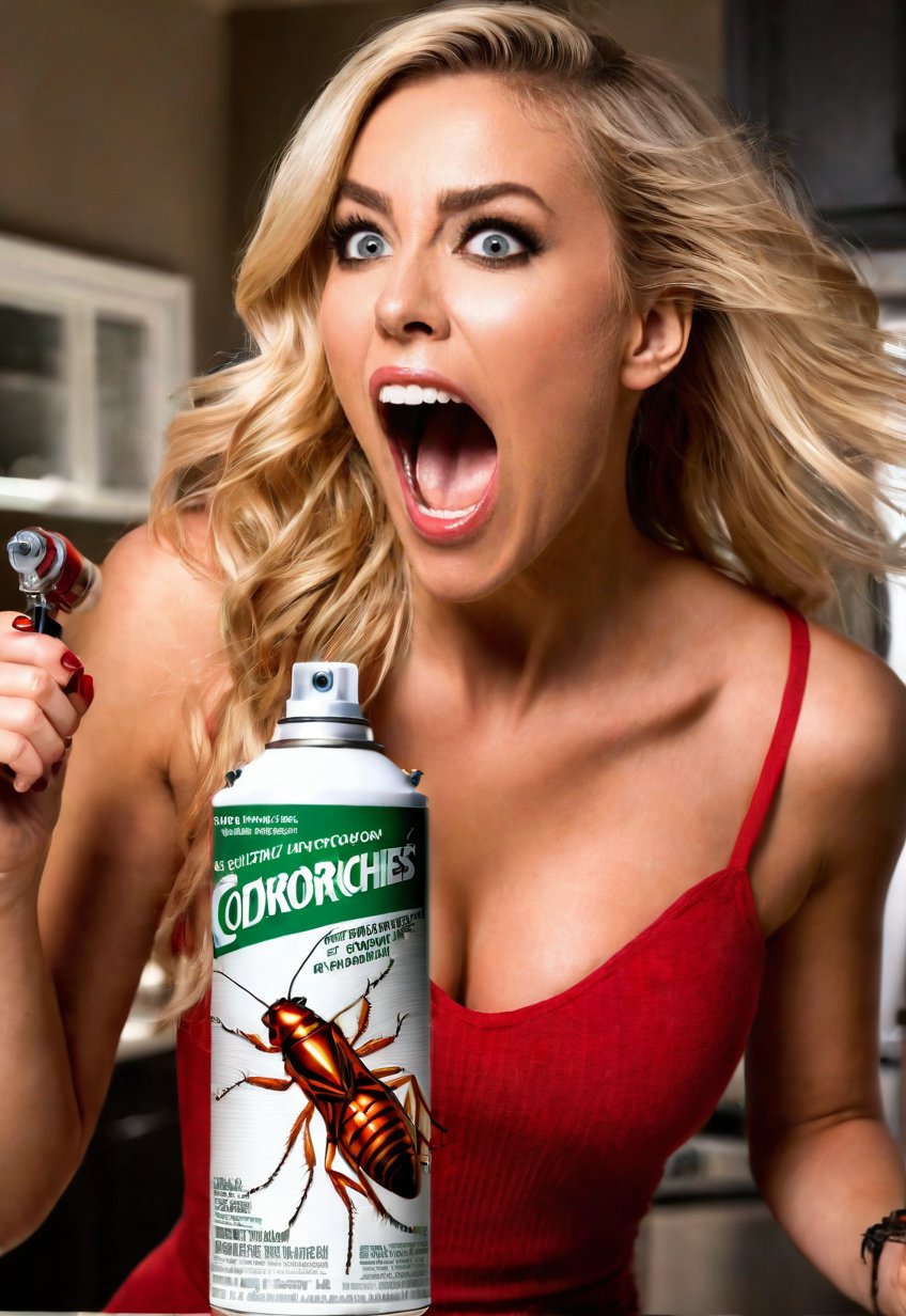 too many Cockroaches attack a beautiful blonde American woman, she screams in fear as she holds up a can of insecticide spray, dramatic angle and pose, perfect female anatomy, realistic and detailed, horror movie poster style, surreal, kitchen room, masterpiece,low-key,dark