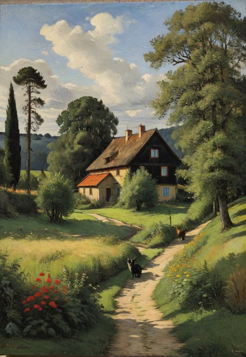 (Soft Lighting Photo by Mimosa Veriu and Mario Giacomelli), Side soft light, Dark environment, Black on black, Very detailed, Stunning painting in the style of Anders Zorn and Alexi Briklod, Oil on canvas, A detailed and realistic painting of a rural landscape where a dirt path leads to a quaint old house. The layout features a central path surrounded by lush trees reminiscent of early spring. The house has a tiled roof and white walls, showing signs of age and wear. There are two figures: a man in a black shirt and jeans, and a woman in a red dress, both standing near the house. There are also cats and dogs scattered along the path, adding to the pastoral atmosphere. The sky is partly overcast with patches of blue visible here and there. In the lower right corner of the painting, the artist's signature and the words "In Hell" are inscribed.