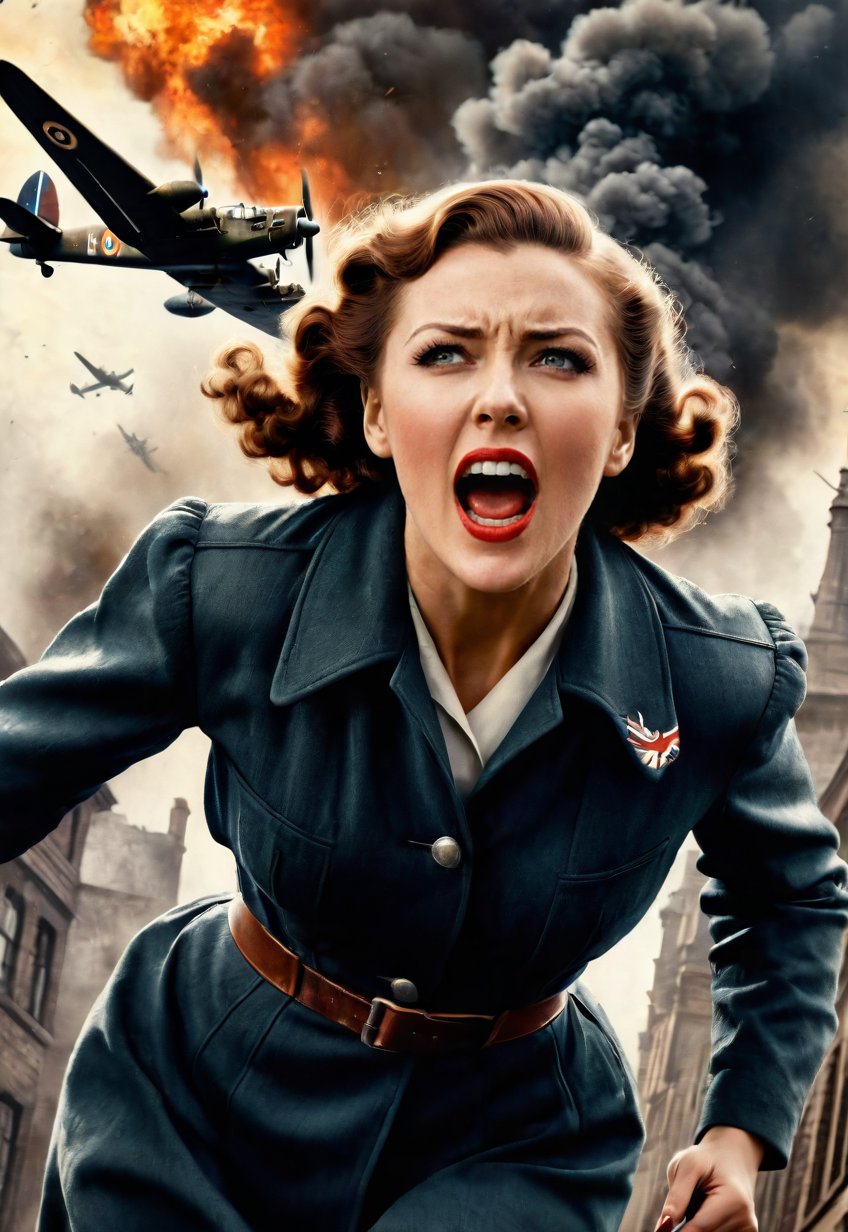 in 1930s, a beautiful British woman, she screams in fear, dramatic angles and poses, realistic and detailed, bomber in the sky, retro horror movie poster style, super realistic, in the city of war on fire, masterpiece,