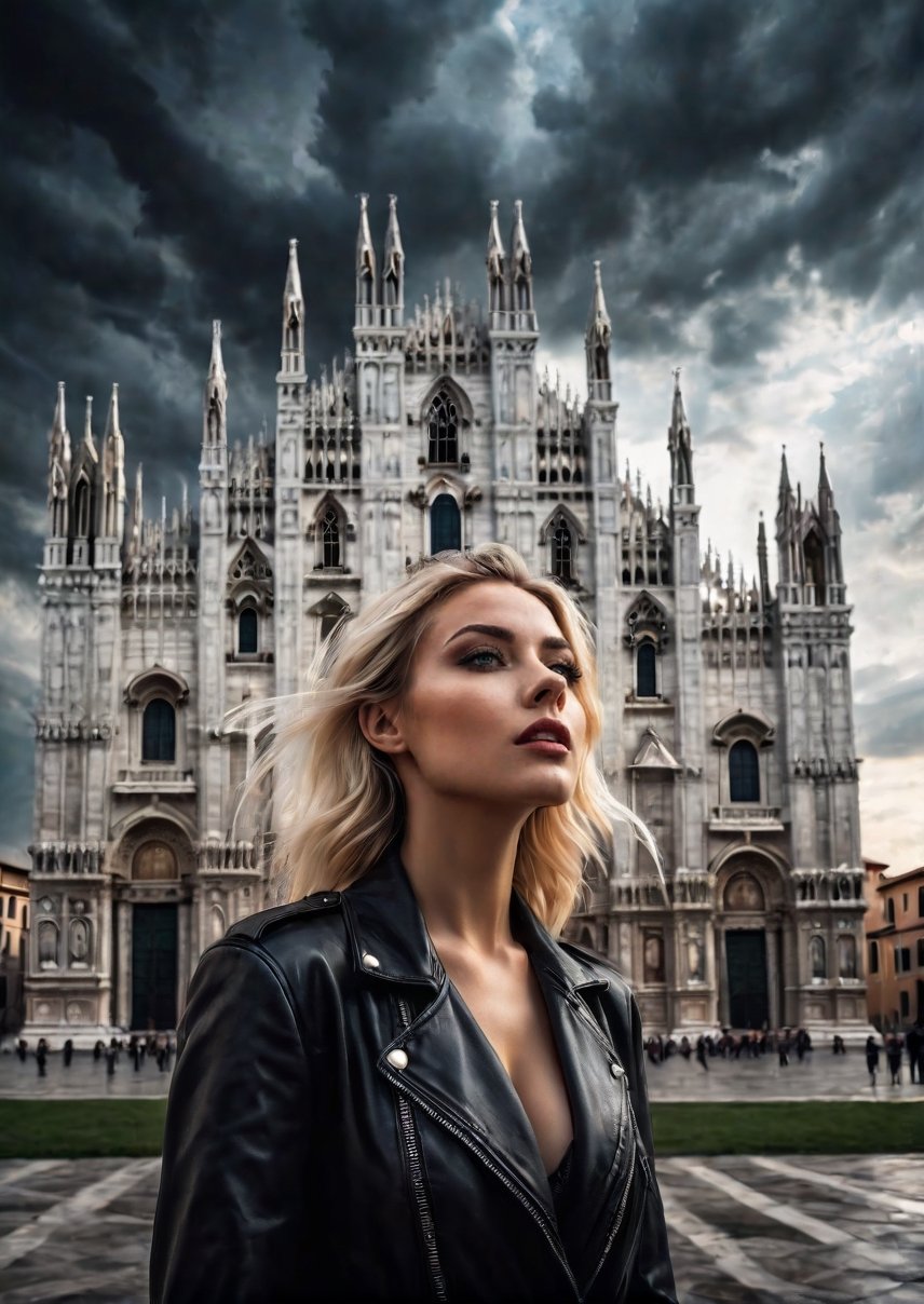 landscape, standing a beautiful american blonde woman, in front of Italian cathedrals, eerie skies, dramatic angles, realistic and detailed horror movie style, surreal, masterpieces,