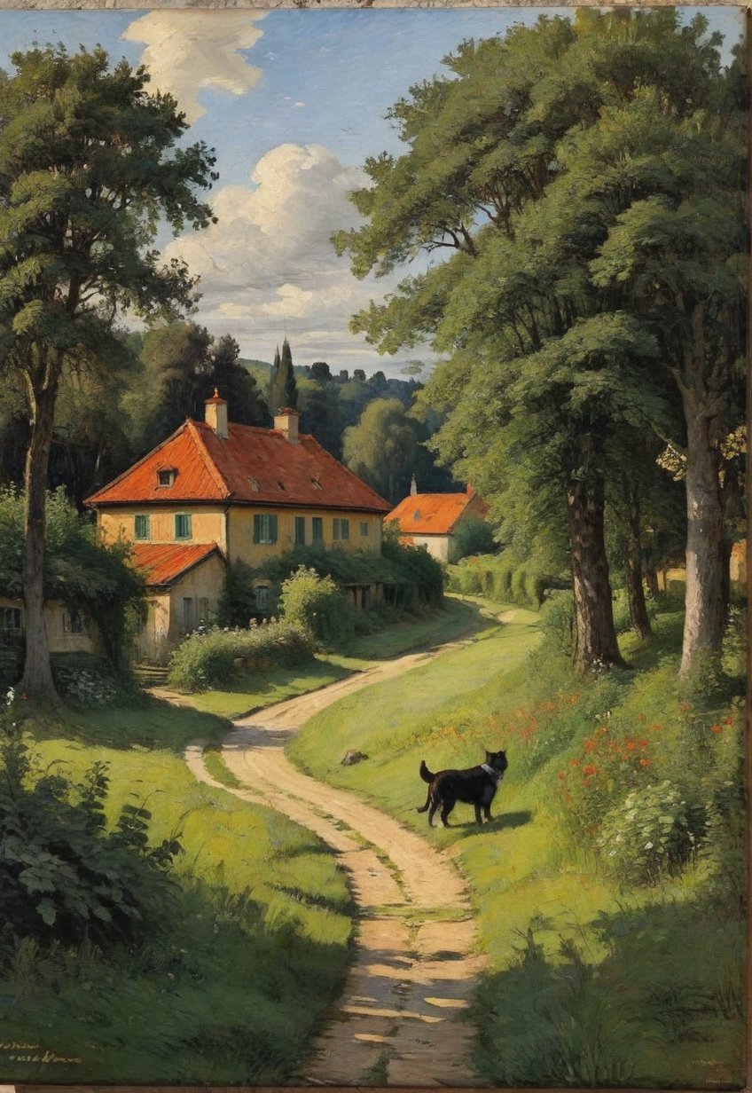 (Soft Lighting Photo by Mimosa Veriu and Mario Giacomelli), Side soft light, Dark environment, Black on black, Very detailed, Stunning painting in the style of Anders Zorn and Alexi Briklod, Oil on canvas, A detailed and realistic painting of a rural landscape where a dirt path leads to a quaint old house. The layout features a central path surrounded by lush trees reminiscent of early spring. The house has a tiled roof and white walls, showing signs of age and wear. There are two figures: a man in a black shirt and jeans, and a woman in a red dress, both standing near the house. There are also cats and dogs scattered along the path, adding to the pastoral atmosphere. The sky is partly overcast with patches of blue visible here and there. In the lower right corner of the painting, the artist's signature and the words "In Hell" are inscribed.