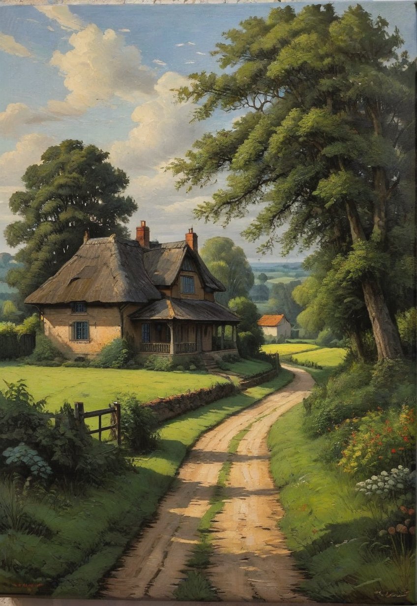 (Soft Lighting Photography), Dark Environment, Black on Black, Very Detailed, Stunning Painting, Oil on Canvas, A detailed and realistic painting of a rural landscape with a dirt path leading to a quaint old house. The layout features a central path surrounded by lush trees reminiscent of early spring. The house has a tiled roof and white walls, showing signs of age and wear. (There are two figures), A woman in a red dress and a man in white are conversing on the path, creating a rural atmosphere. The sky is partly overcast with patches of blue visible here and there.