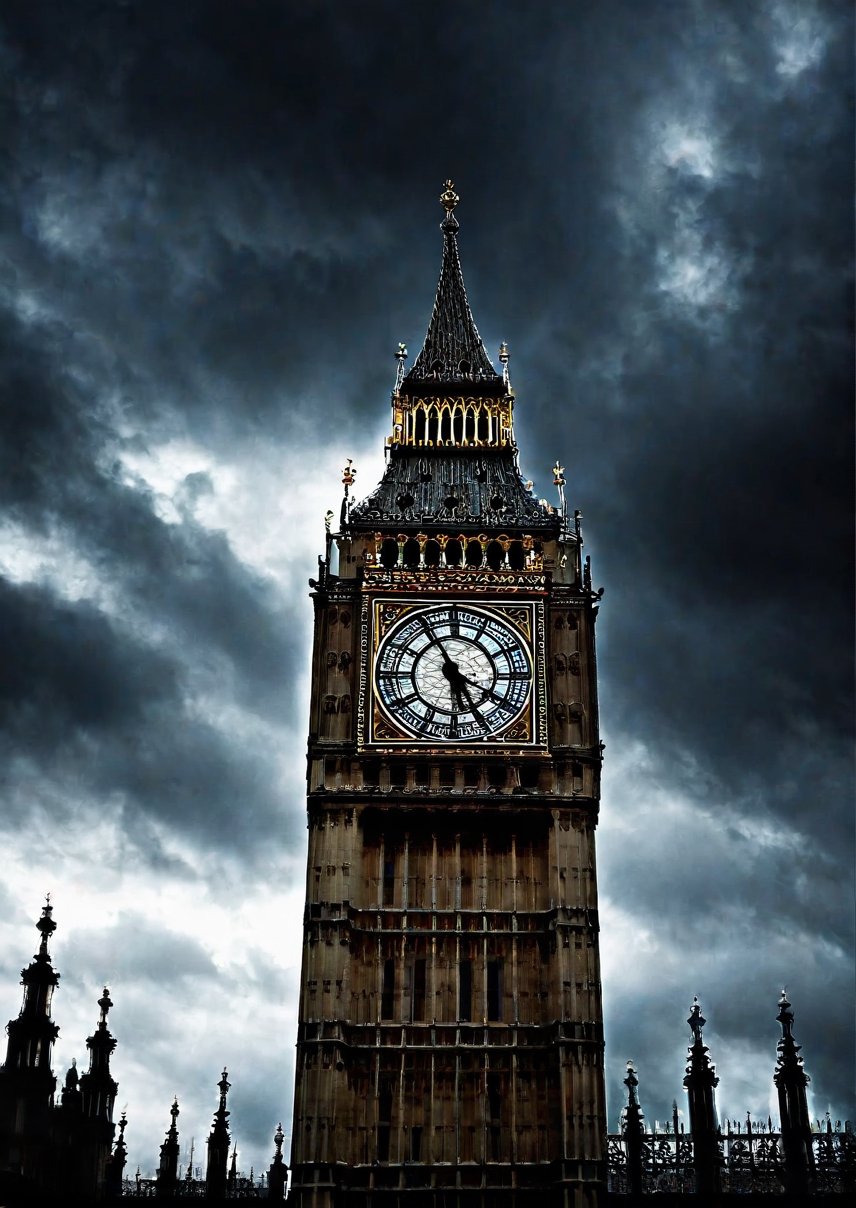 Landscape, Big-Ben clock tower in England, eerie sky, dramatic angles, realistic and detailed action movie style, surreal, masterpiece,