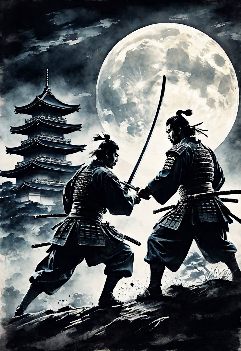 A complex action movie. Two samurai, facing each other and fighting with swords, view from below, in front of an old Japanese castle in the moonlight, historical drama, dramatic movement, fierce battle, atmosphere, cinematography, photography, pencil, watercolor, bright, rich Color, Gabriele Delotto, Charles Victor Thirion, Karl Eugen Kiel, Karl Lundgren, pencil drawing