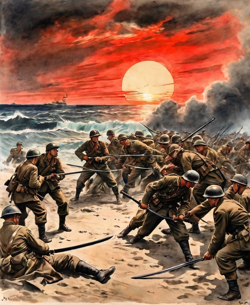 Complex action movie, isolated island during World War II, strong American soldiers and Japanese soldiers with swords fighting face to face, bottom-to-top view, red sunset, dramatic movement, on the beach. Encounter, hostile stare, atmosphere, cinematography, photography, pencil, watercolor, bright, rich colors, Gabriele Delotto, Charles Victor Thirion, Karl Eugen Kiel, Karl Lundgren, pencil drawing