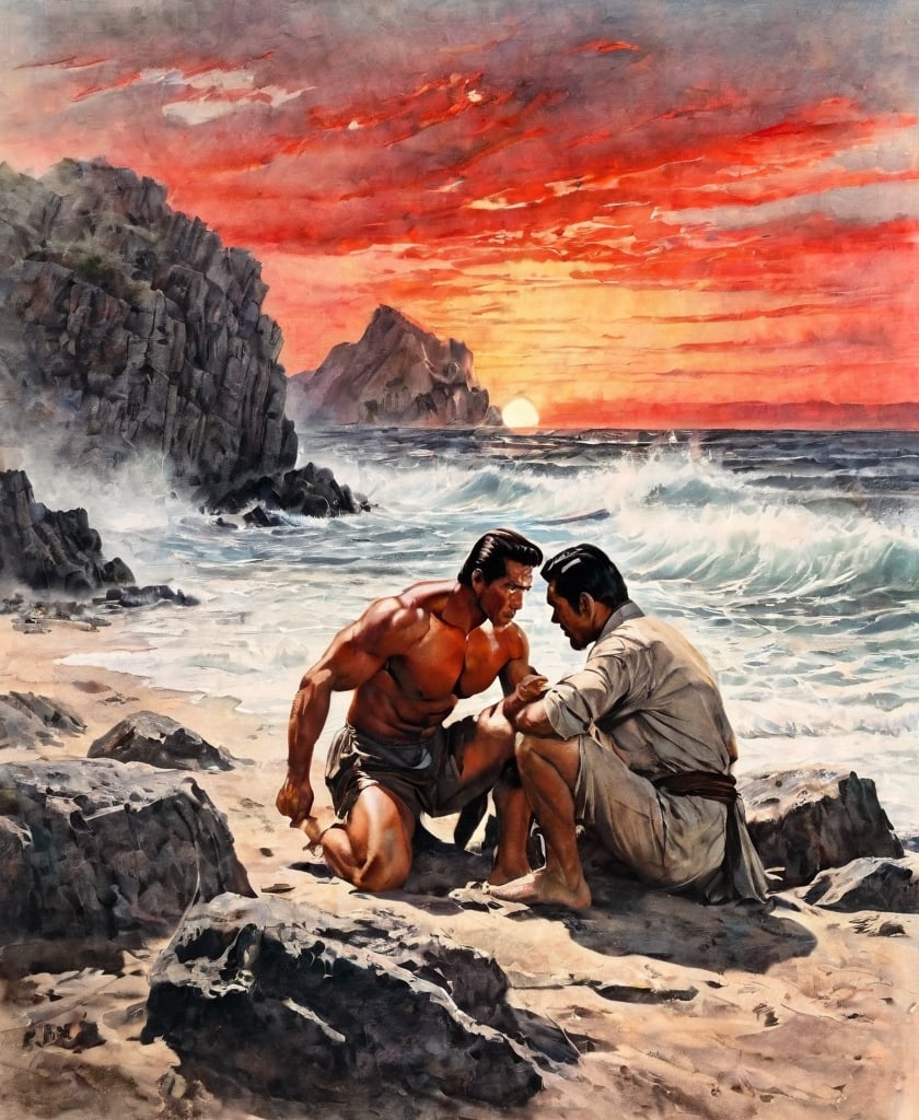 A complex action movie, two men, Arnold Schwarzenegger and Toshiro Mifune, washed ashore on a remote island, sitting facing each other in tattered clothes, fighting each other, red sunset, dramatic. movement, coast, atmosphere, cinematography, photography, pencil, watercolor, bright, rich colors, Gabriele Delotto, Charles Victor Thirion, Karl Eugen Kiel, Karl Lundgren, pencil drawing