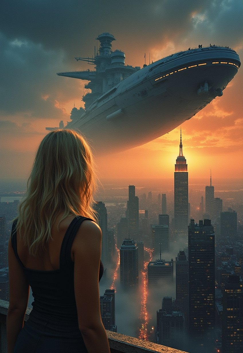 1980s, (SF movie poster: 1.3), (big title, alien invasion, subtitles: 1.3), (Britt Lind: 1.3), (Britt Lind, a beautiful blonde woman, is surprised by a huge battleship-like spaceship that appears in the sky: 1.2), New York, over Manhattan, the people are panicking, (dark atmosphere: 1.1)