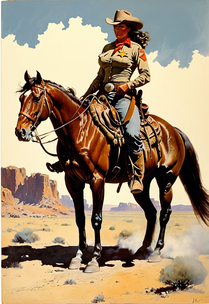 war horse, western, sheriff gun-woman, manner of frazetta