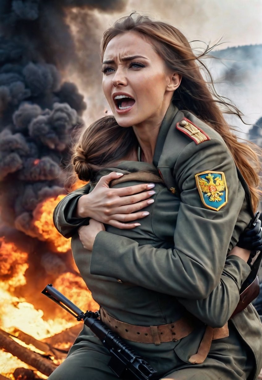 Many bad Russian invaders are touching and hugging the bodies of beautiful Ukrainian women. She is screaming in fear. Dramatic angles and poses, perfect female anatomy, realistic and detailed, movie style, ultra-realistic, explosion and fire battlefield, masterpiece,
