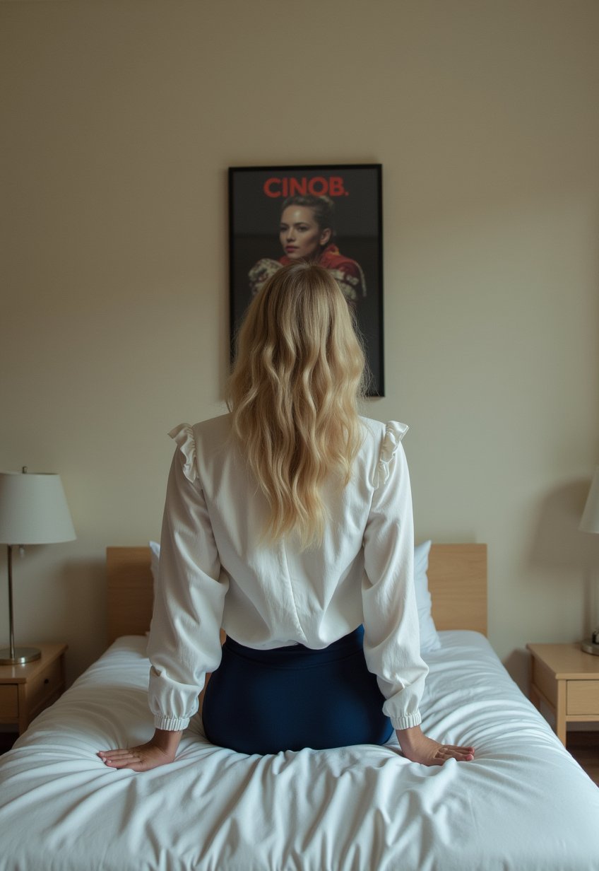 Movie poster, title, empty room, white blouse, navy blue tight skirt, casually placed on the bed, MoviePosterAF