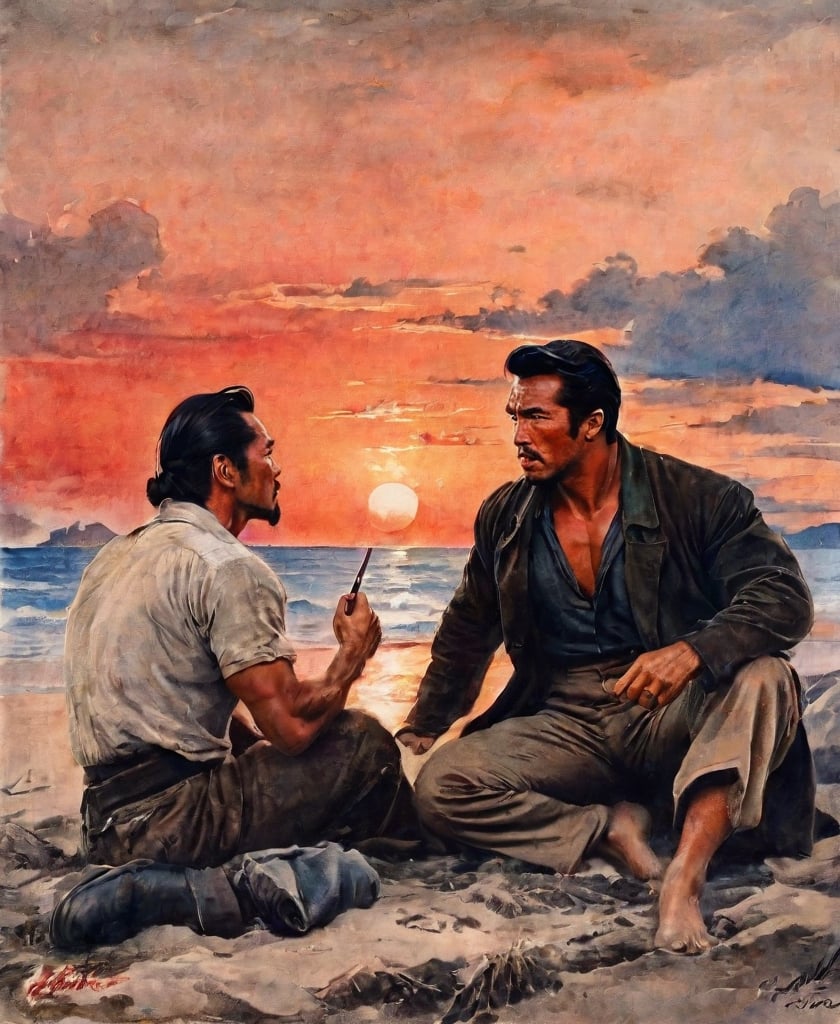 A complex action movie, two men, Arnold Schwarzenegger and Toshiro Mifune, washed ashore on a remote island, sitting facing each other in tattered clothes, fighting each other, red sunset, dramatic. movement, coast, atmosphere, cinematography, photography, pencil, watercolor, bright, rich colors, Gabriele Delotto, Charles Victor Thirion, Karl Eugen Kiel, Karl Lundgren, pencil drawing