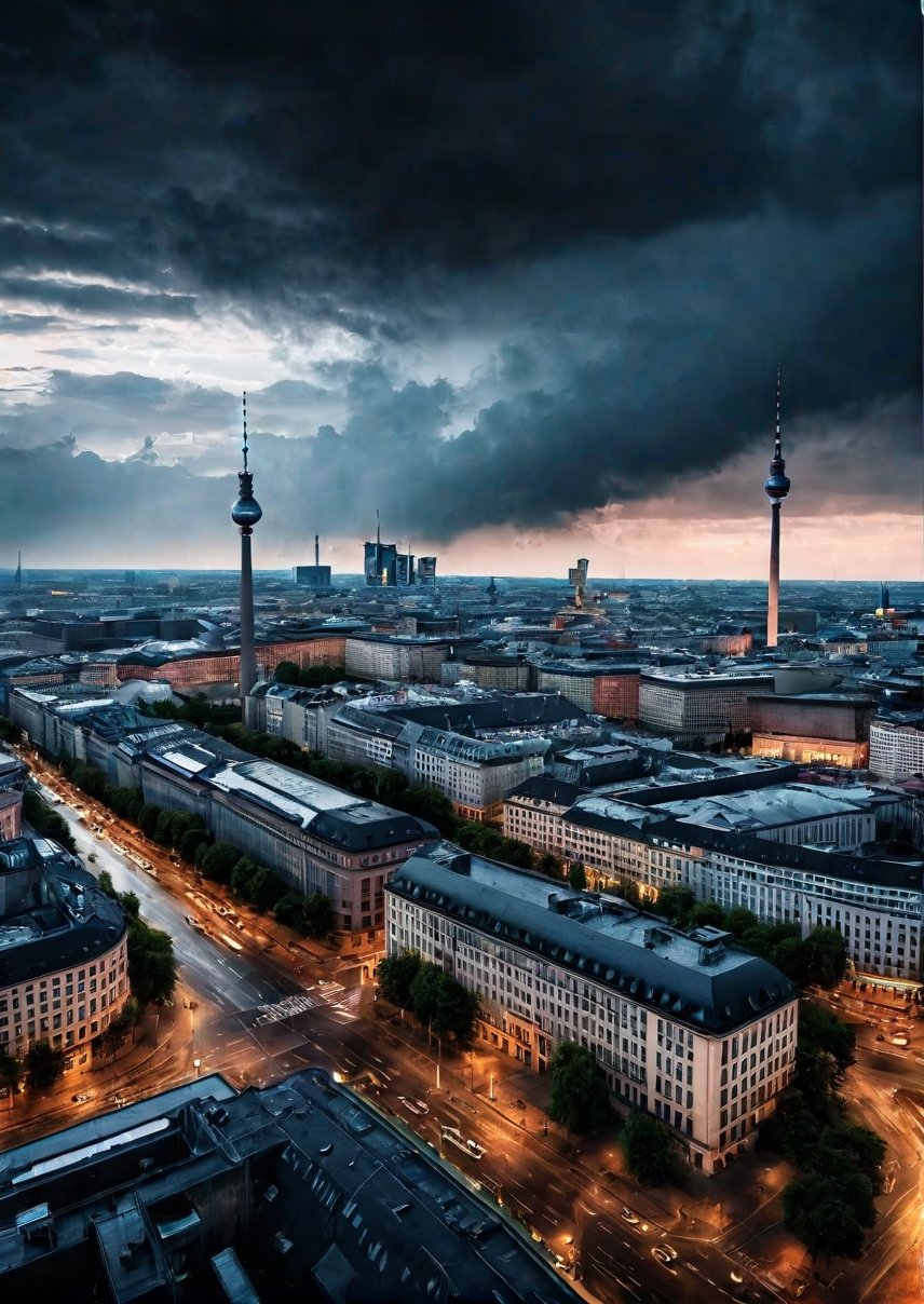 Panoramic view, Berlin, Germany, eerie sky, dramatic angles, realistic and detailed action movie style, surreal, masterpiece,