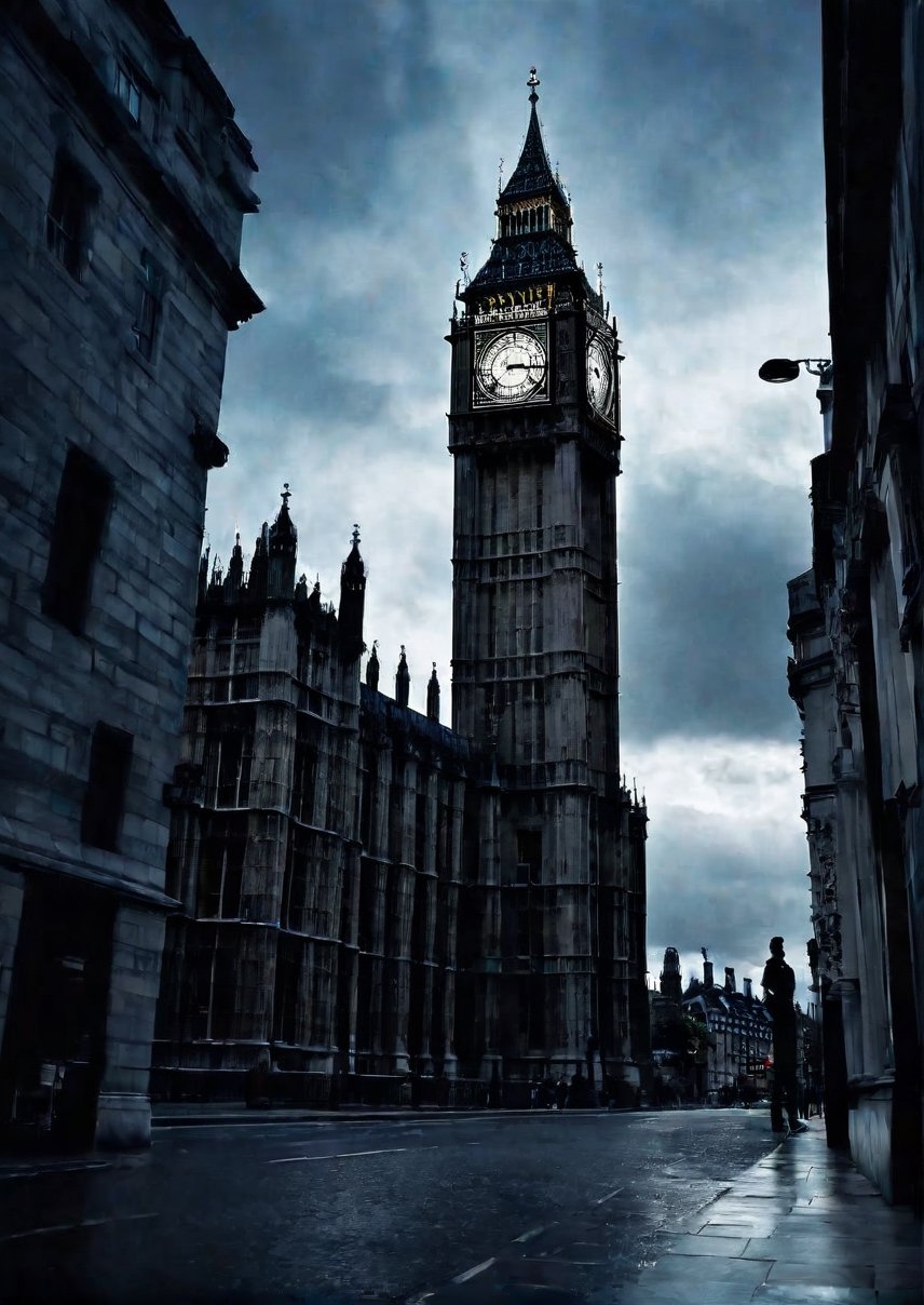 Landscape, around Big Ben clock tower in England, eerie sky, dramatic angles, realistic and detailed action movie style, surreal, masterpiece,