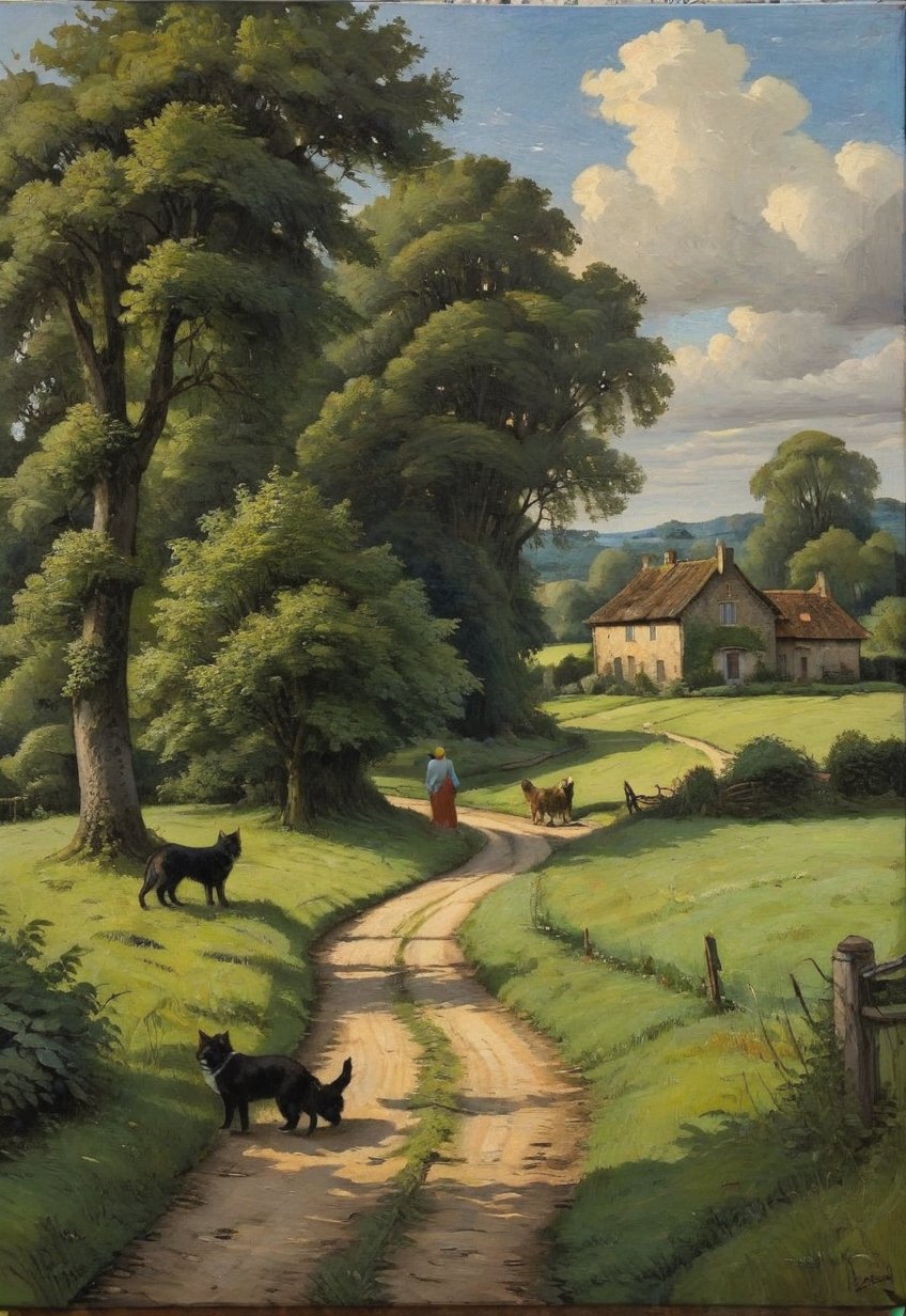 (Soft Lighting Photo), Dark Environment, Black on Black, Very Detailed, Stunning Painting, Oil on Canvas, A detailed and realistic painting of a rural landscape with a dirt path leading to a quaint old house. The layout features a central path surrounded by lush trees reminiscent of early spring. The house has a tiled roof and white walls, showing signs of age and wear. (There are two figures), A woman in a red dress and a man in white are having a conversation by the roadside. There are also cats and dogs scattered along the path, adding to the pastoral atmosphere. The sky is partly overcast with patches of blue visible here and there. In the bottom right corner of the painting is the artist's signature and the words "In Hell".