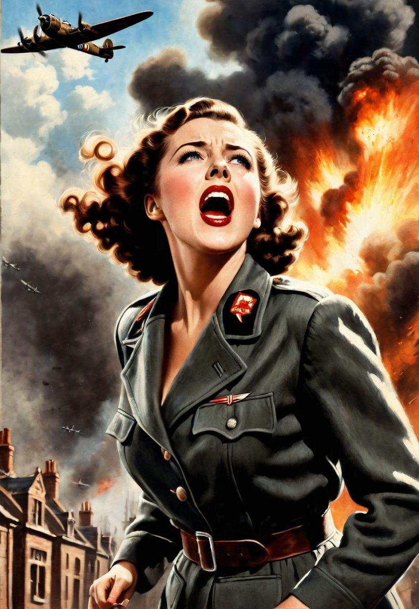 in 1930s, a beautiful British woman, she screams in fear, dramatic angles and poses, realistic and detailed, bomber in the sky, retro horror movie poster style, super realistic, in the city of war on fire, masterpiece,