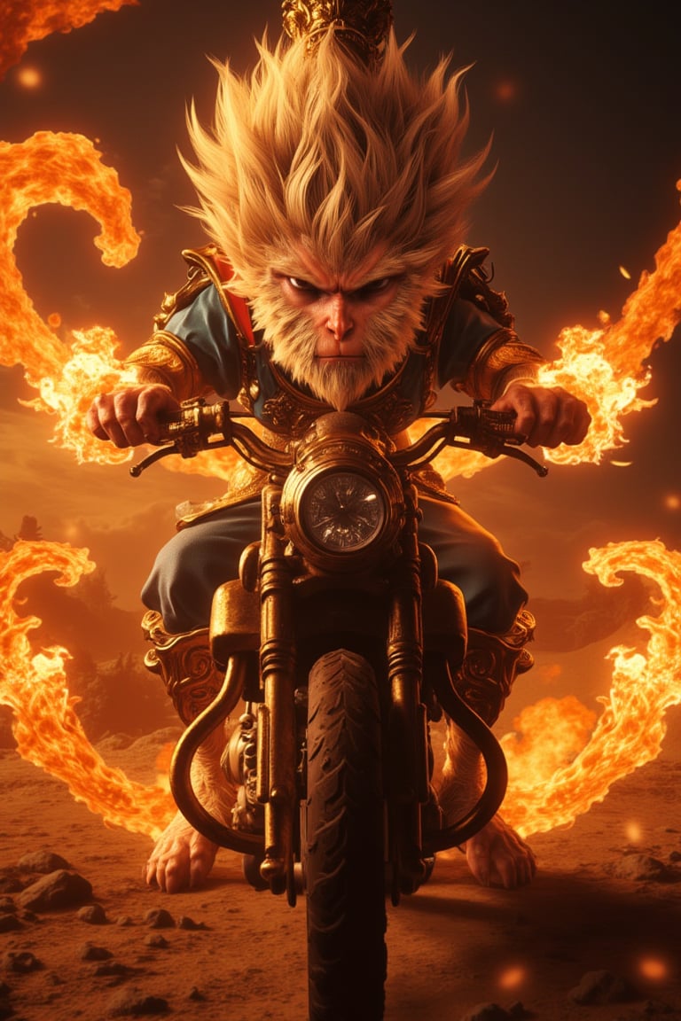 Wukong rides a motorbike and breathes fire like a circus performer