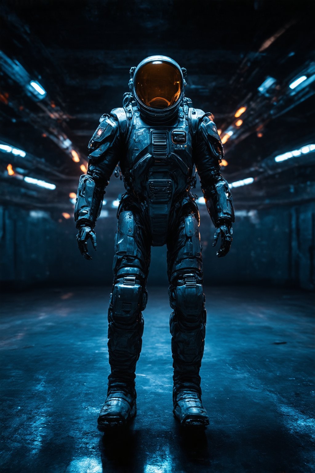 In a dimly lit spaceport hangar, a rugged space explorer stands tall, encased in an imposing high-tech space suit, against a darkened background where plasma streams of fiery blue and orange hues dance with intensity. The adventurer's suit glows with subtle, intricate details, showcasing subsurface scattering that highlights its metallic sheen and robotic enhancements on their arm, a testament to their unyielding spirit.