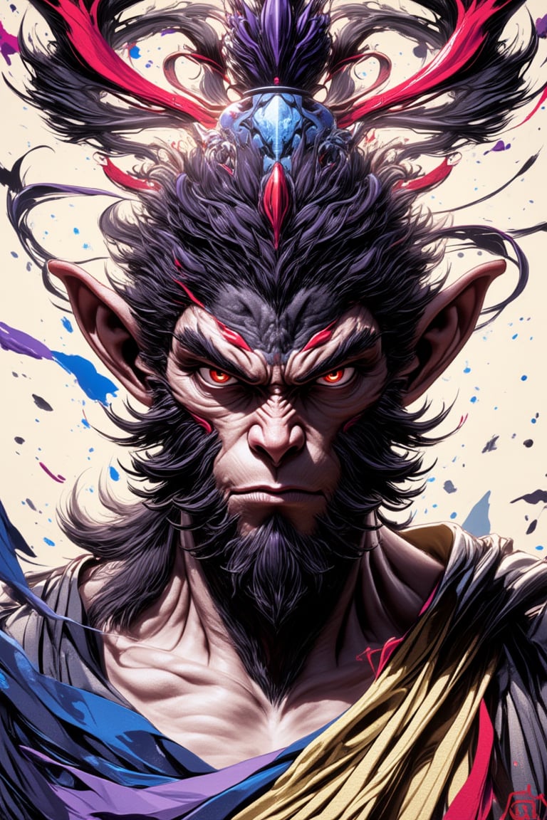 A majestic, close-up portrait of Wukong's wise and powerful head, rendered in exquisite ink art style with bold brushstrokes. His piercing eyes seem to gaze into the depths of eternity as a halo of subtle, swirling patterns surrounds his noble visage. Vibrant colors dance across the canvas, imbuing the masterpiece with an aura of mystique.,Ink art style