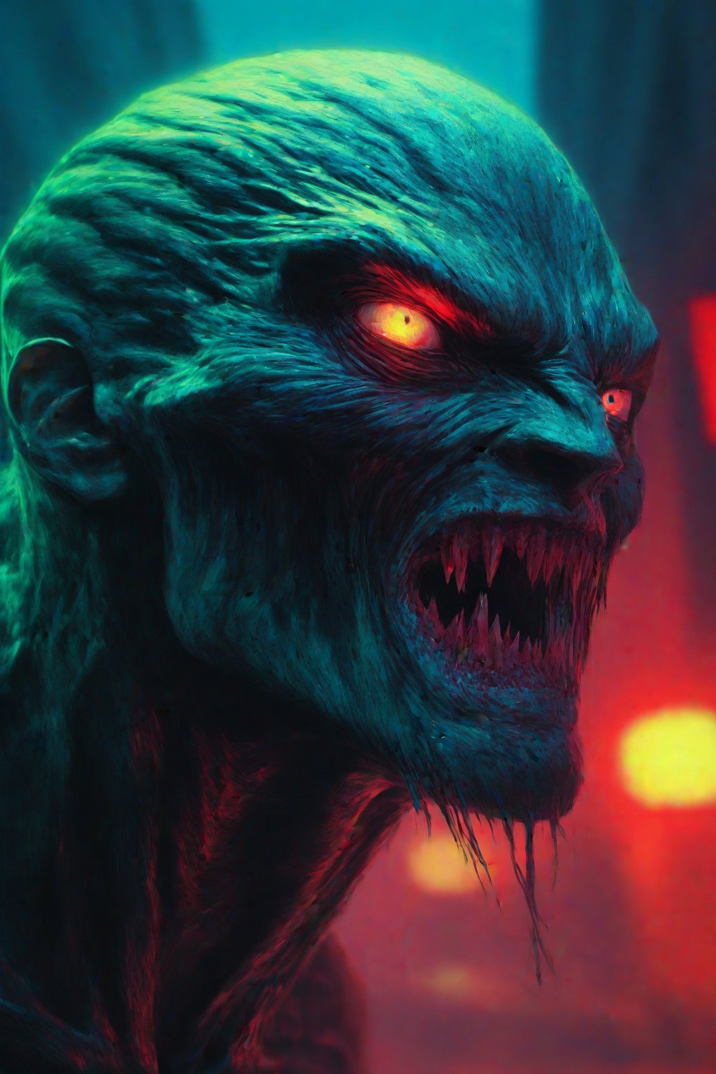  A close-up shot of Venom's grotesque face, with a eerie green glow illuminating his features. His eyes burn with an intense red light, as if fueled by his alien symbiote. The camera frames him in a dark alleyway, the cityscape blurred behind him. Venom's mouth is frozen in a snarl, ready to strike.