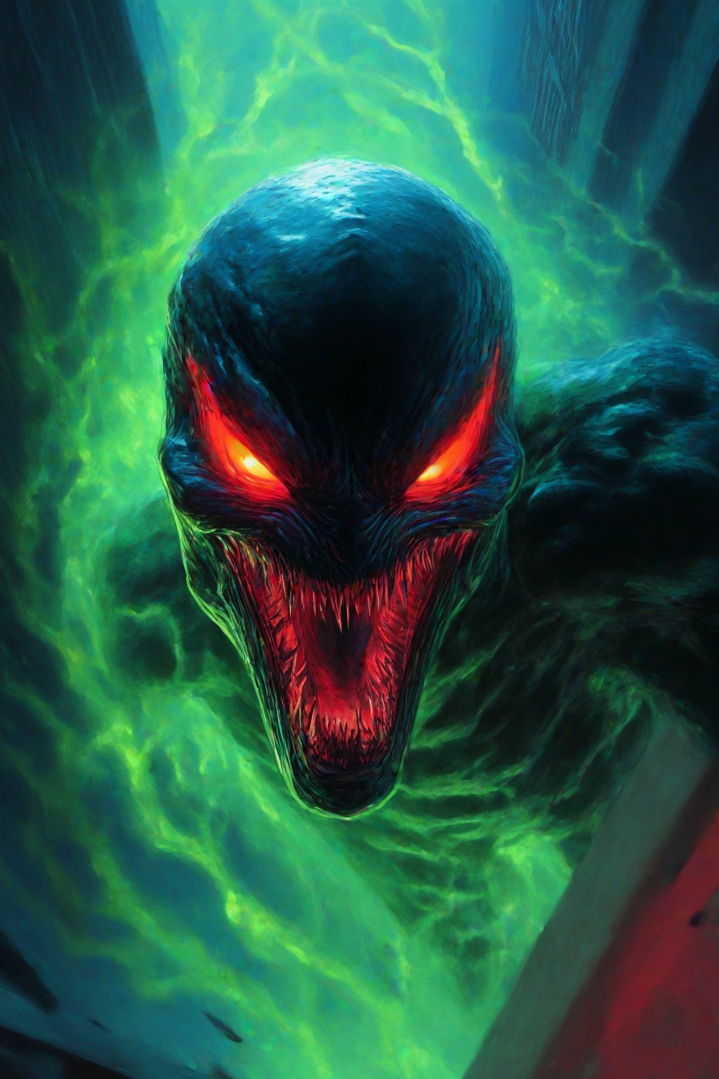 Venom's grotesque face fills the frame, eerie green glow casting an ominous light on his features. Red-hot eyes blaze like embers, fueled by the alien symbiote's power. The dark alleyway backdrop blurs into chaos behind him, while his snarling mouth seems poised to strike at any moment.