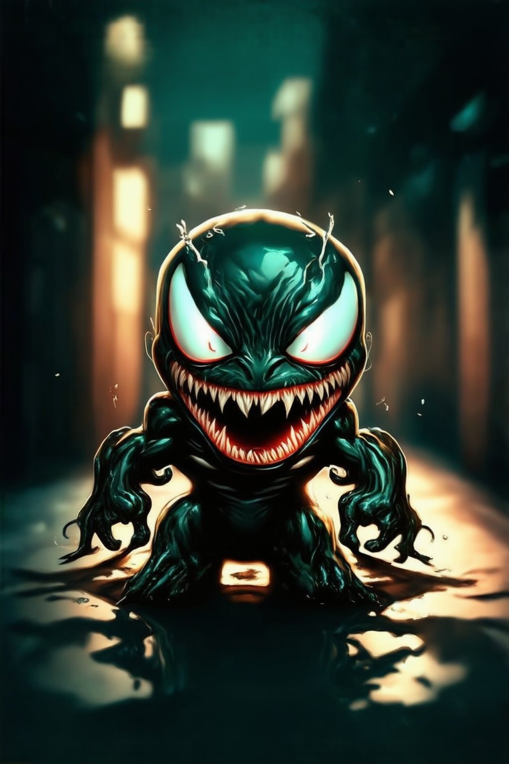 VenomChibi, A close-up shot of Venom's grotesque face, with a eerie green glow illuminating his features. His eyes burn with an intense red light, as if fueled by his alien symbiote. The camera frames him in a dark alleyway, the cityscape blurred behind him. Venom's mouth is frozen in a snarl, ready to strike.