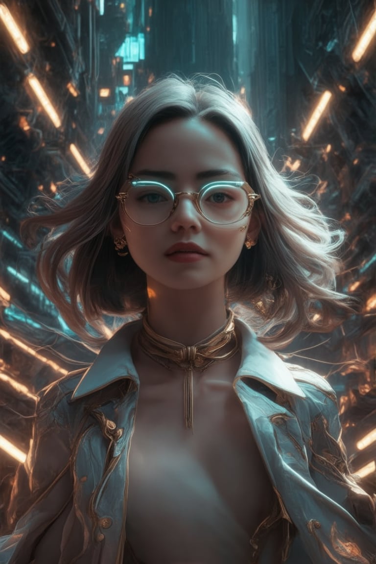 A captivating cyberpunk girl stands amidst a futuristic metropolis, wearing clear neon glasses that refract the city's dazzling lights. Her piercing gaze is set off by intricate, golden-ratio details on her face and clothes. In stunning 32K UHD, she poses against a decadent, highly detailed digital backdrop, reminiscent of Octane Render's artistry. Heartwarming, uplifting, and charming, this masterpiece features sharp focus, smooth textures, and exquisite eyes that seem to sparkle with inner light. The setting sun casts beautiful rim lighting, subsurface scattering, and subtle light leaks, casting a warm glow on the city's towering skyscrapers.