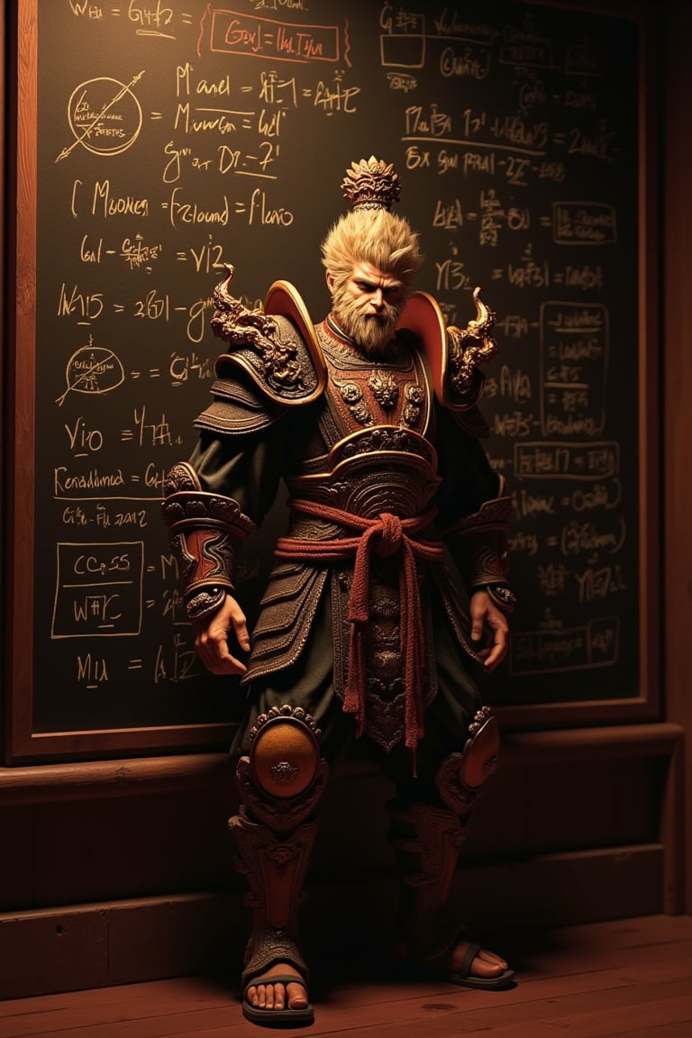 Wukong stands tall, his armored physique accentuated by the warm golden light of a dimly lit dojo. His long beard flows down his chest like a river of wisdom, as he holds aloft a blackboard inscribed with intricate mathematical formulas from Flux & TensorArt online training tutorial. The bold strokes and symbols appear to dance across the board in harmony with Wukong's energetic pose, as if the very essence of machine learning has been distilled into this powerful image.