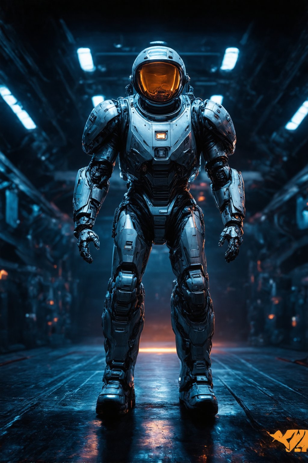 In a dimly lit, metallic-littered spaceport hangar, a rugged space adventurer stands tall, encased in an imposing high-tech space suit. Glowing plasma streams made of fiery blue and orange hues dance across the darkened background as the explorer's suit glows with subtle, intricate details. The 8K cinematic rendering captures every nuance, from the subsurface scattering that highlights the suit's metallic sheen to the robotic enhancements on their arm, a testament to the adventurer's unyielding spirit.