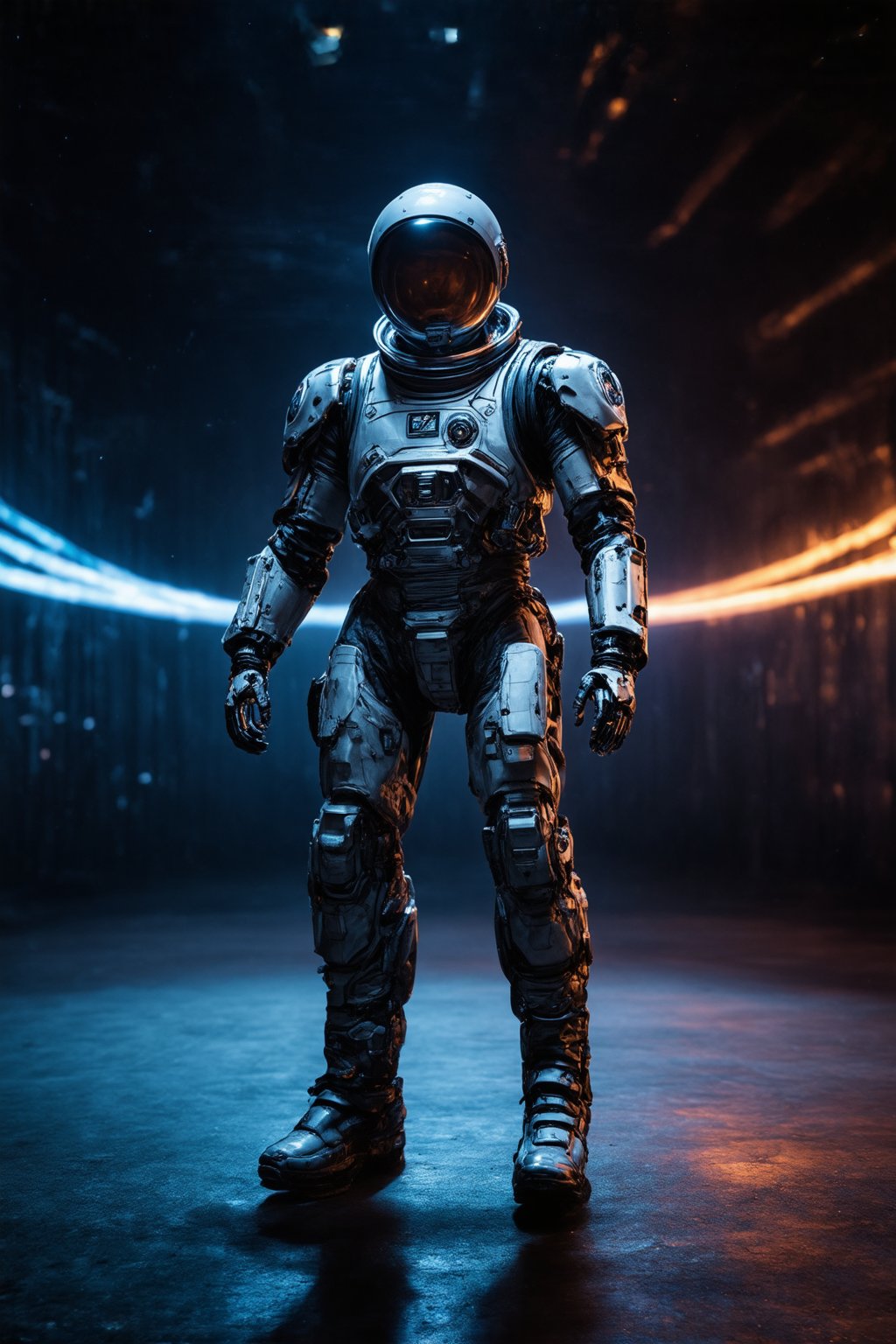 In a dimly lit spaceport hangar, a rugged space explorer stands tall, encased in an imposing high-tech space suit, against a darkened background where plasma streams of fiery blue and orange hues dance with intensity. The adventurer's suit glows with subtle, intricate details, showcasing subsurface scattering that highlights its metallic sheen and robotic enhancements on their arm, a testament to their unyielding spirit.