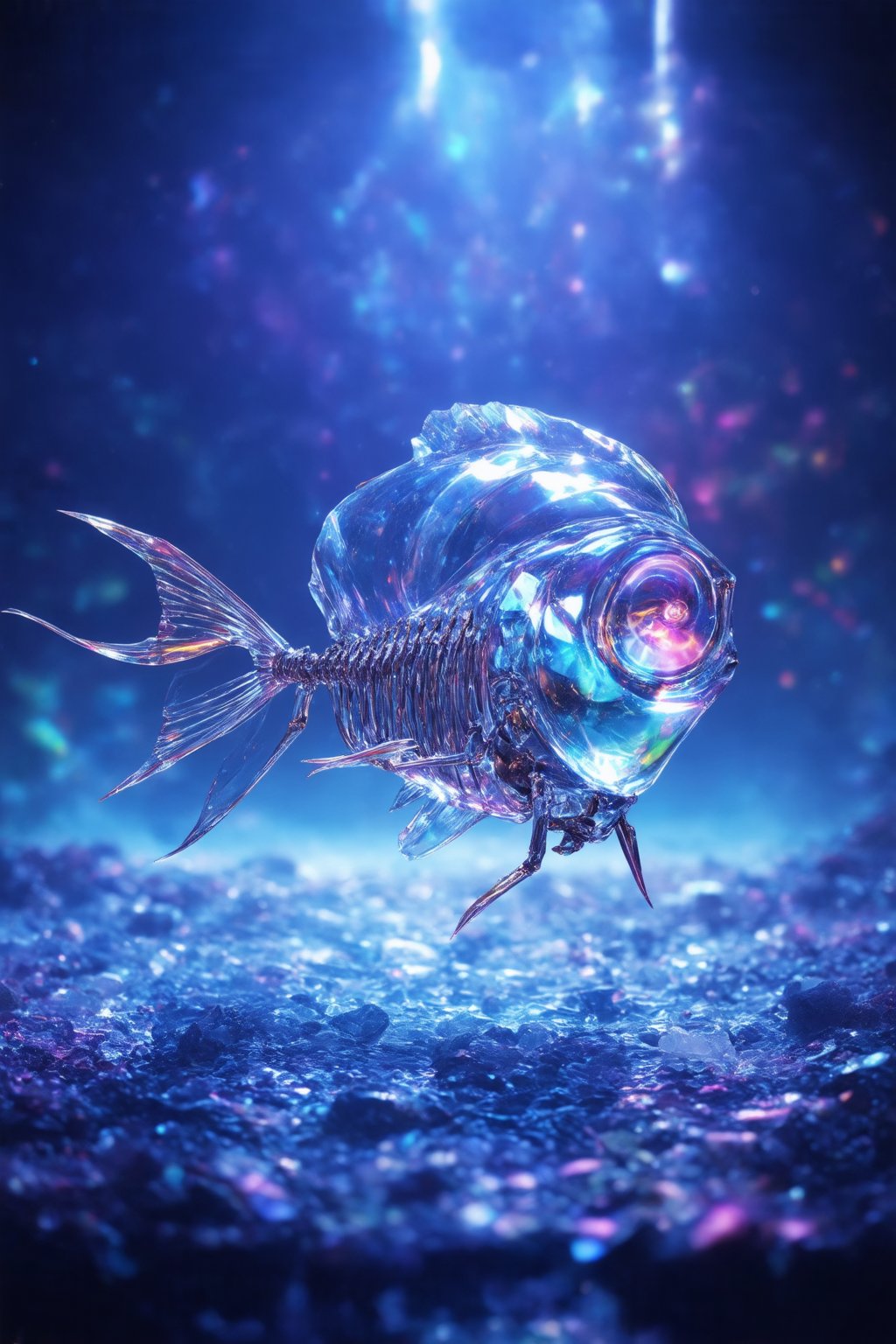 In a dreamy, ambient-lit scene, Glitch Core glides effortlessly through a vast, crystalline expanse. Its glass shell refracts light into a kaleidoscope of colors, as metal tendrils beneath seem to pulse with an otherworldly energy. The creature's sinuous form undulates like a snail's shell, while crustacean-inspired claws reach for the unseen horizon. A fish-like skeleton provides structural support, visible through the crystal's transparency. Global illumination casts an ethereal glow, highlighting the intricate dance of curves and lines within this wondrous, otherworldly being.