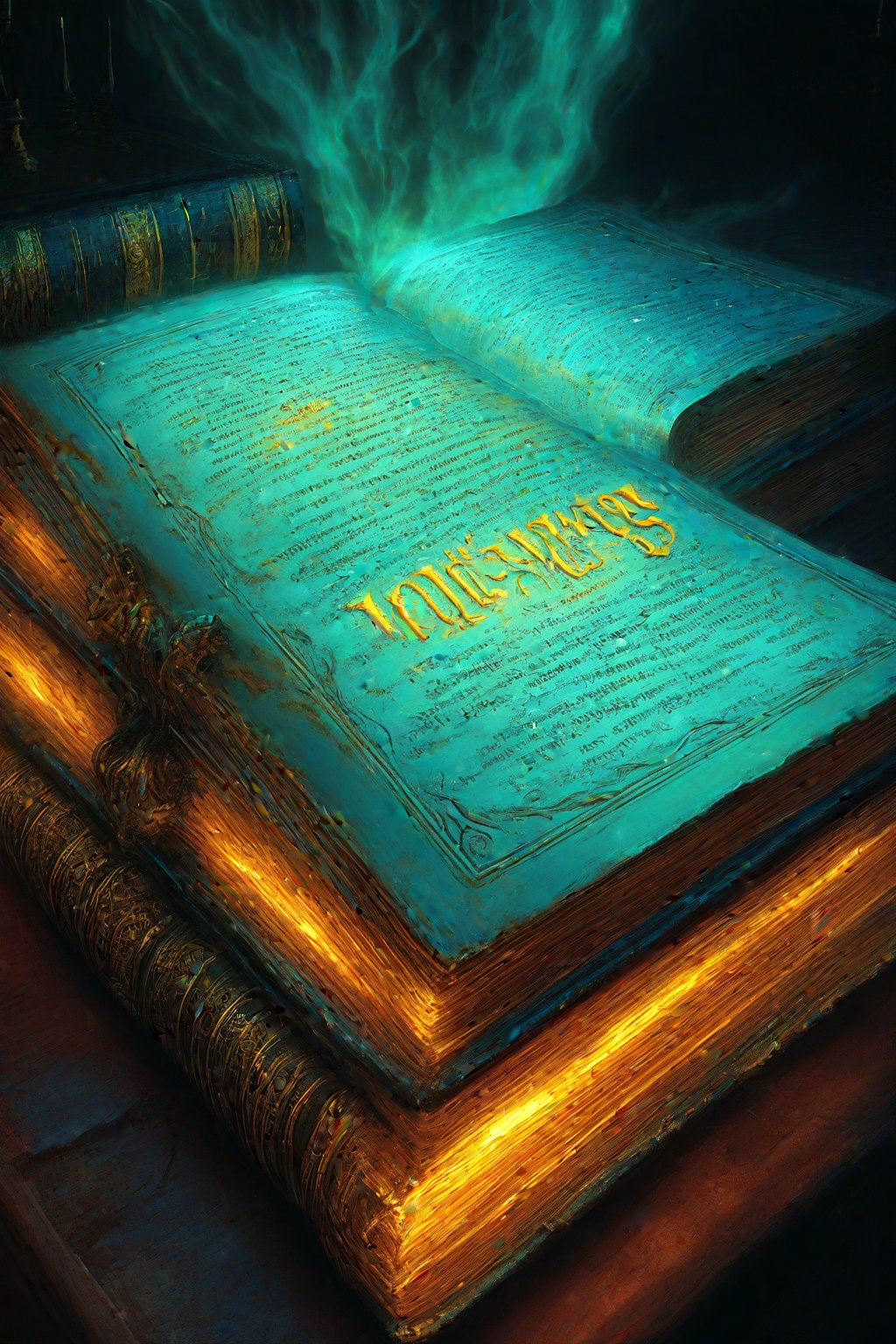 An open spellbook with glowing turquoise pages, in the style of fantasy art, fantasy book cover, book design, book title in golden letters at the top of one page, a stack of old books seen in the background, fantasy illustration, digital painting, high resolution, high contrast, high detail, hyper-realistic, volumetric lighting, fantasy concept art, ultra-detailed, hyper-realistic, cinematic, full-body portrait, zoomed out