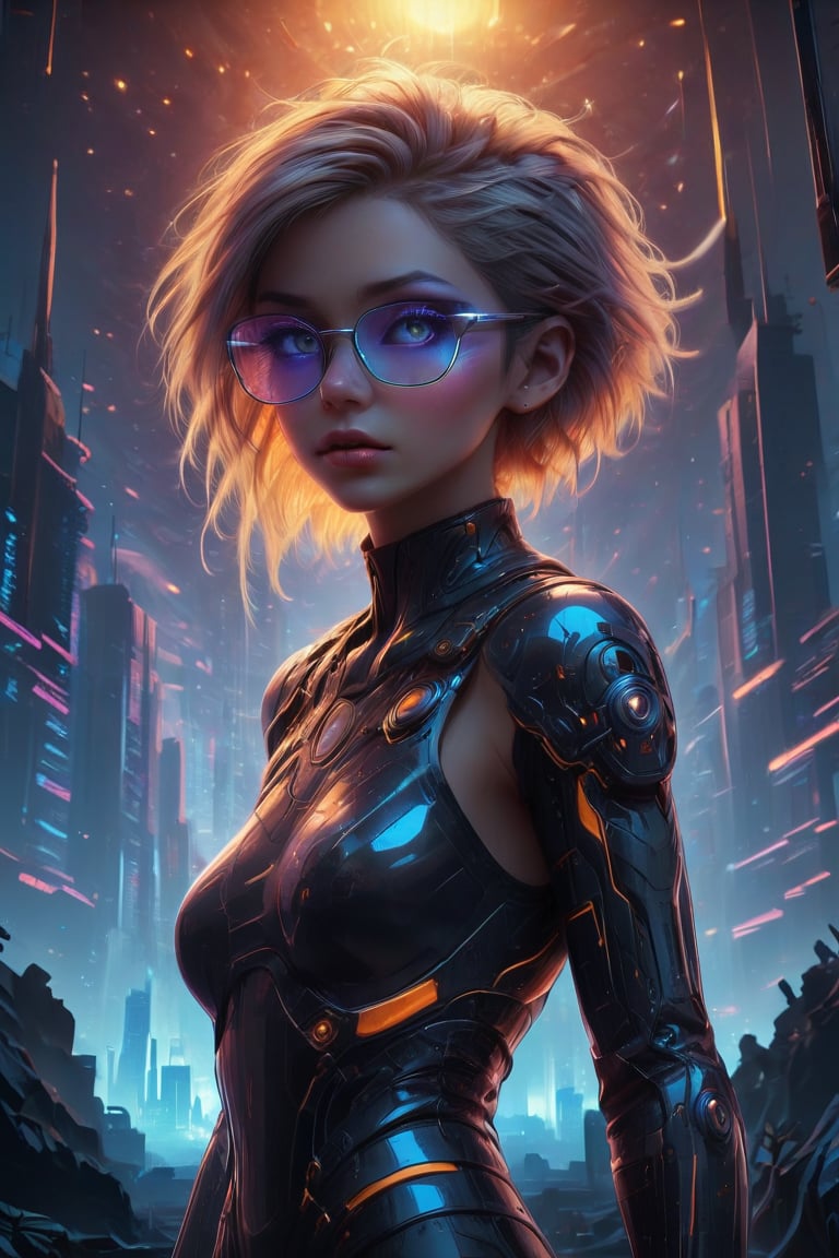 A captivating cyberpunk girl stands amidst a futuristic metropolis, wearing clear neon glasses that refract the city's dazzling lights. Her piercing gaze is set off by intricate, golden-ratio details on her face and clothes. In stunning 32K UHD, she poses against a decadent, highly detailed digital backdrop, reminiscent of Octane Render's artistry. Heartwarming, uplifting, and charming, this masterpiece features sharp focus, smooth textures, and exquisite eyes that seem to sparkle with inner light. The setting sun casts beautiful rim lighting, subsurface scattering, and subtle light leaks, casting a warm glow on the city's towering skyscrapers.