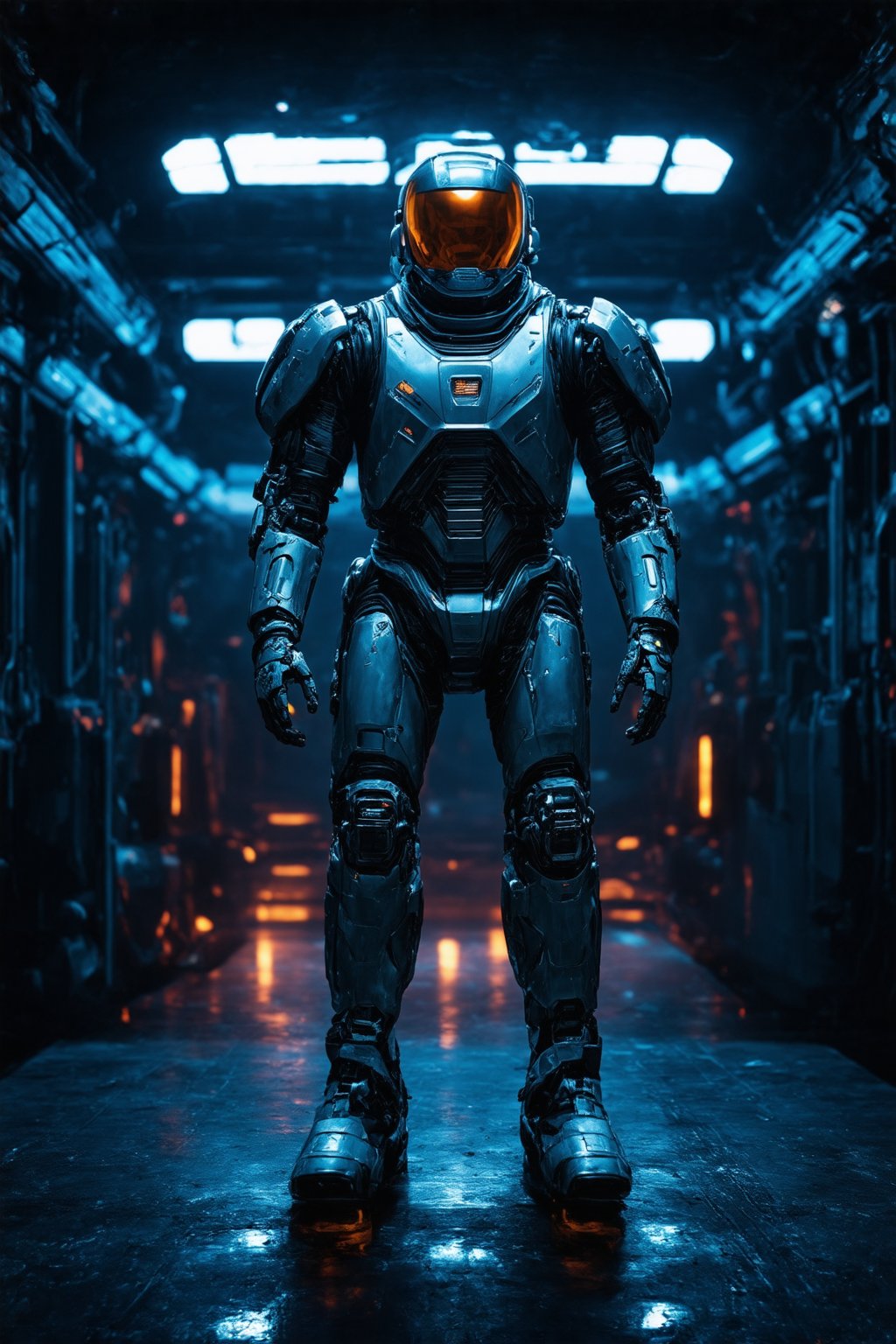 In a dimly lit, metallic-littered spaceport hangar, a rugged space adventurer stands tall, encased in an imposing high-tech space suit. Glowing plasma streams made of fiery blue and orange hues dance across the darkened background as the explorer's suit glows with subtle, intricate details. The 8K cinematic rendering captures every nuance, from the subsurface scattering that highlights the suit's metallic sheen to the robotic enhancements on their arm, a testament to the adventurer's unyielding spirit.