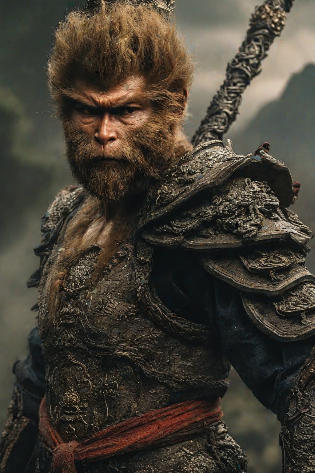 Wukong, a man in armor with a beard and a beard
