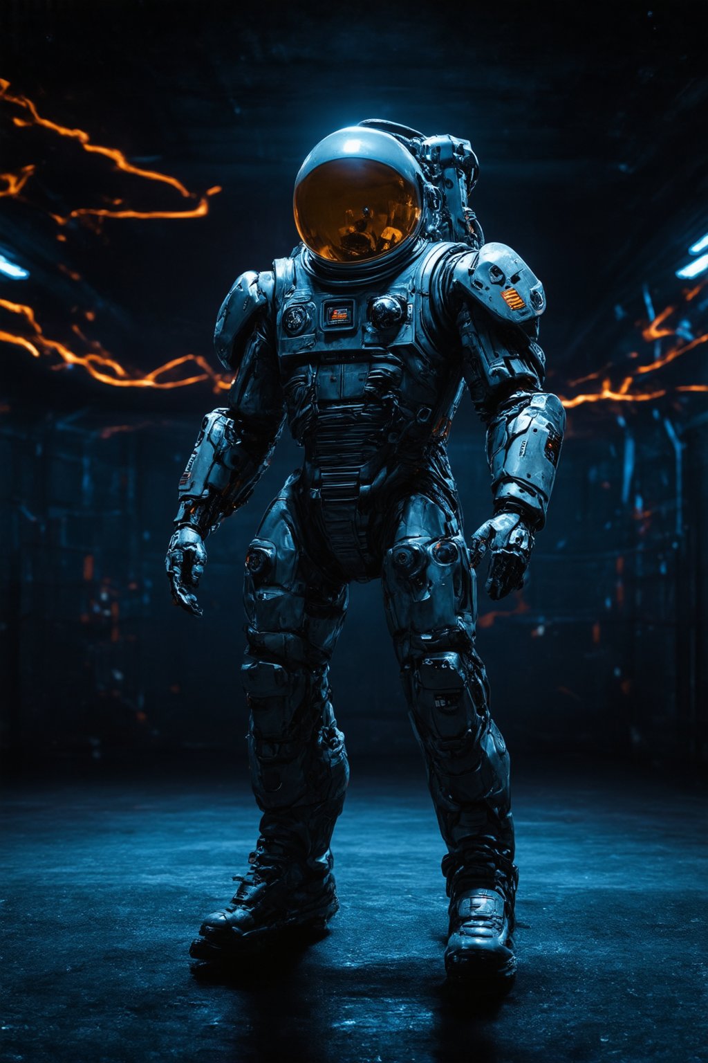 In a dimly lit spaceport hangar, a rugged space explorer stands tall, encased in an imposing high-tech space suit, against a darkened background where plasma streams of fiery blue and orange hues dance with intensity. The adventurer's suit glows with subtle, intricate details, showcasing subsurface scattering that highlights its metallic sheen and robotic enhancements on their arm, a testament to their unyielding spirit.