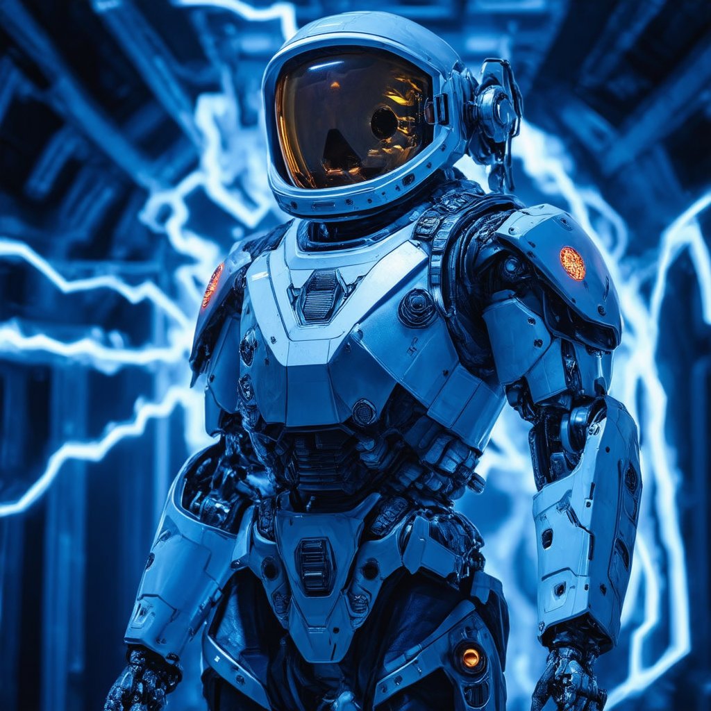 Made of, glowing plasma streams, space adventurer, with visible robotic enhancements, in high-tech space suit, Intricate details, 8k, cinematic, subsurface scattering