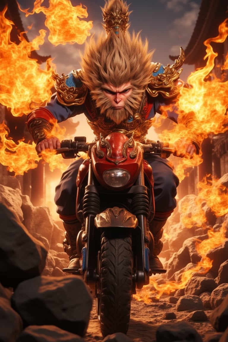 Wukong rides a motorbike and breathes fire like a circus performer