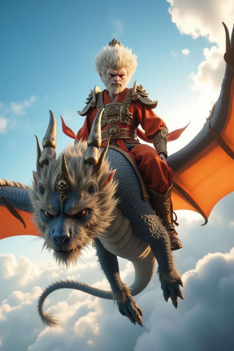 Wu Kong, mythical Monkey King from Chinese folklore, sits majestically on a majestic dragon's back as it soars through a serene blue sky with only a few wispy clouds. The dragon's scales glisten in the soft, warm light of dawn, while Wu Kong's face is set in a determined expression, his eyes fixed on some distant point ahead.