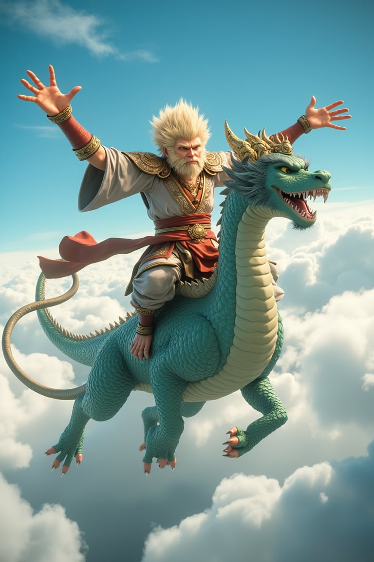 Wukong, the Monkey King, sits triumphantly atop a majestic dragon soaring through a cerulean sky, wispy clouds scattered like puffs of smoke beneath. The dragon's scales glint like jade in the soft, golden light, while Wukong's mischievous grin and outstretched arms command attention, his wispy beard streaming behind him like a banner.