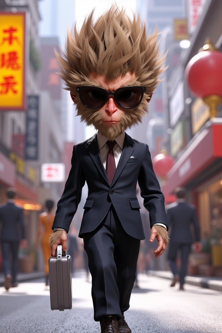 Close-up shot of Wukong's piercing gaze, framed by sleek suit and shades, silver briefcase clutching hand. Confidently standing on bustling city street, vibrant colors and intricate details in 3D chibi style. Octane render brings forth textures and reflections, rendering him hyperrealistic as he walks effortlessly down sidewalk.