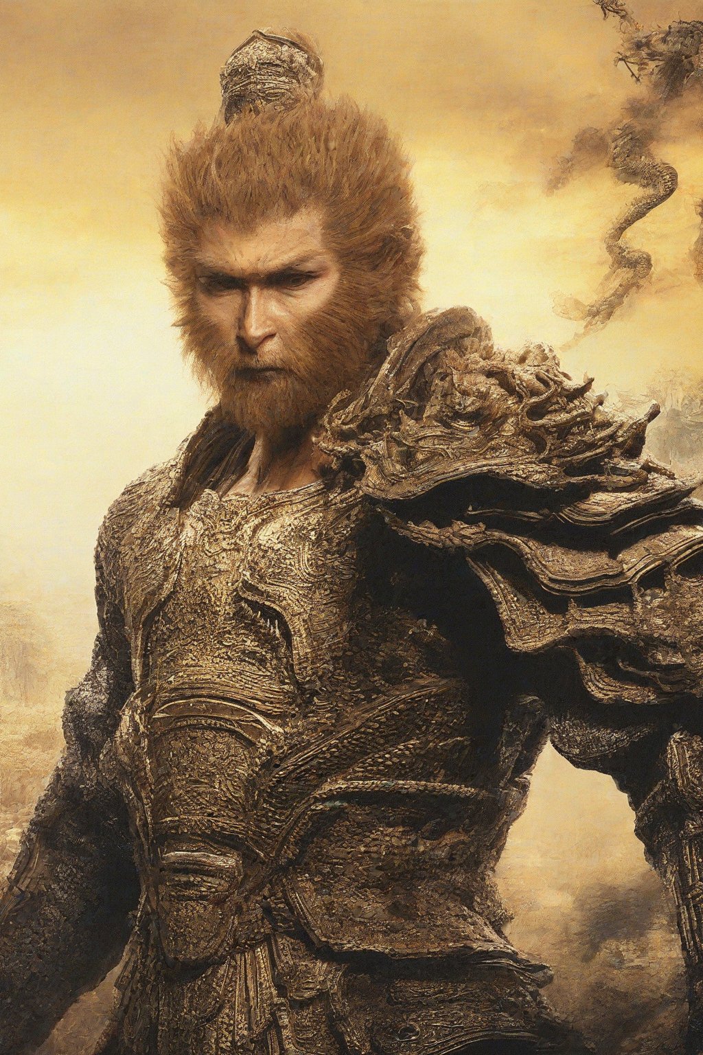 Wukong, a majestic figure clad in gleaming armor, his long beard flowing like a golden river down his chest. He stands proudly, one hand grasping the reins of a majestic dragon, its scales glinting in the warm sunlight. In the background, ancient trees tower, their leaves rustling softly as Wukong surveys his kingdom with wise, knowing eyes.