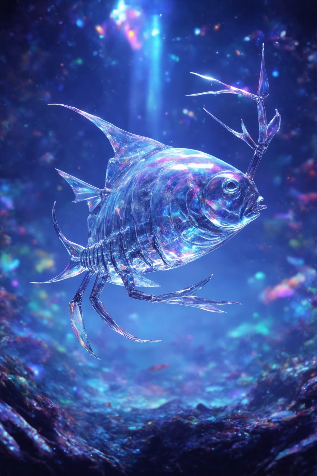 In a dreamy, ambient-lit scene, Glitch Core glides effortlessly through a vast, crystalline expanse. Its glass shell refracts light into a kaleidoscope of colors, as metal tendrils beneath seem to pulse with an otherworldly energy. The creature's sinuous form undulates like a snail's shell, while crustacean-inspired claws reach for the unseen horizon. A fish-like skeleton provides structural support, visible through the crystal's transparency. Global illumination casts an ethereal glow, highlighting the intricate dance of curves and lines within this wondrous, otherworldly being.