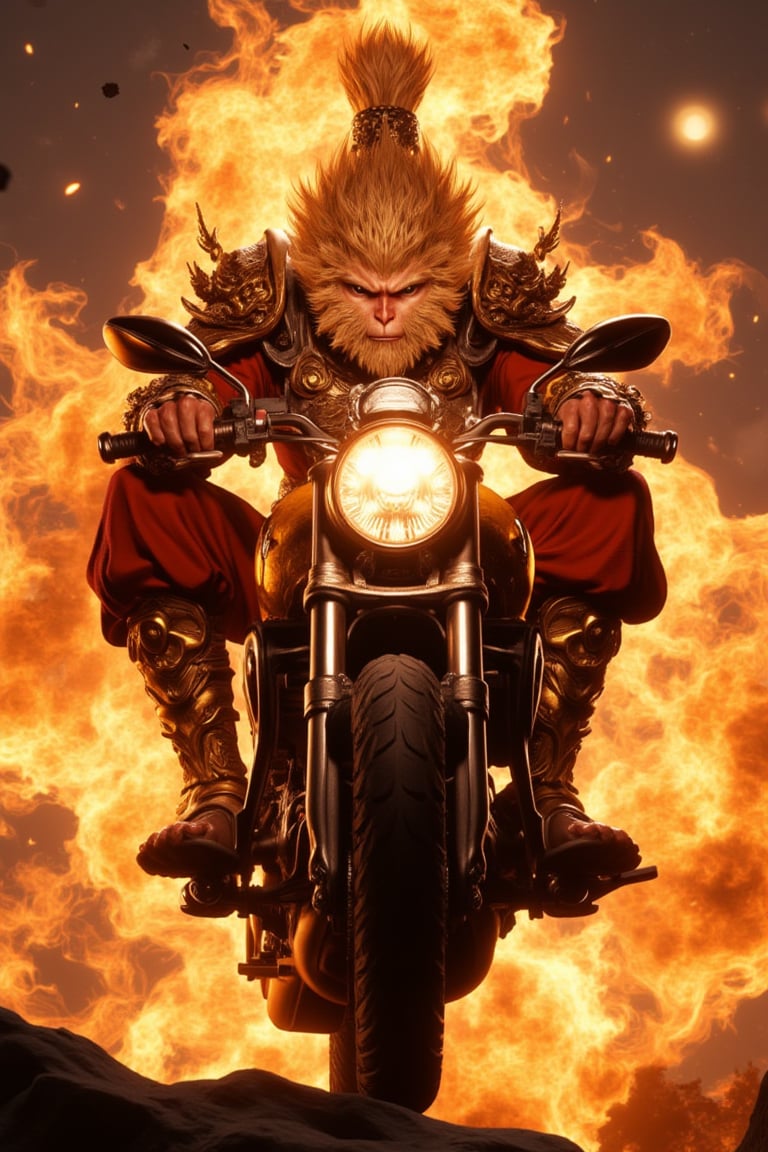 Wukong rides a motorbike and breathes fire like a circus performer