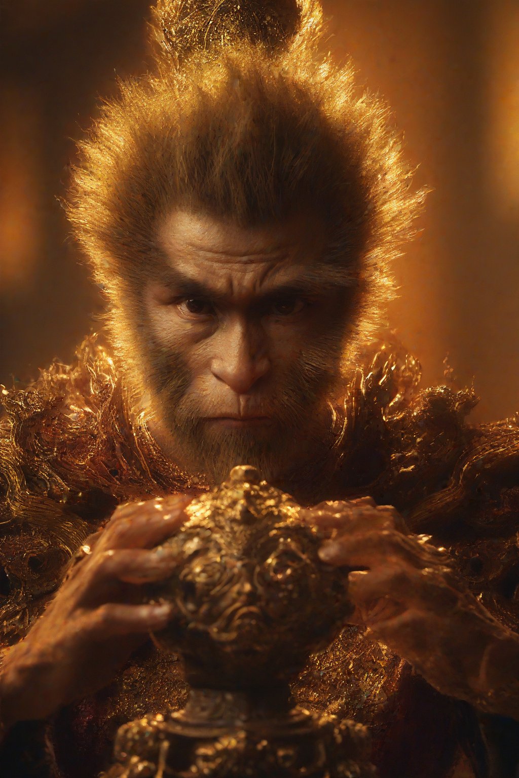 Wukong, A close-up shot of a man, dressed in a vibrant, elaborate costume, grasping a massive, ornate object with both hands. The camera frames the scene at eye level, emphasizing the subject's determined expression and the imposing size of the object. Soft, golden lighting illuminates the scene, casting a warm glow on the man's face and highlighting the intricate details of his costume. The background is blurred, focusing attention on the dynamic interaction between the man and the large object he holds.