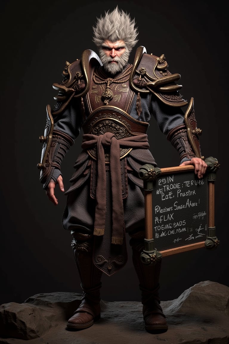 Wukong, a man in armor with a beard and a beard, Full body, holding a blackboard with Flux & TensorArt online training tutorial written on it