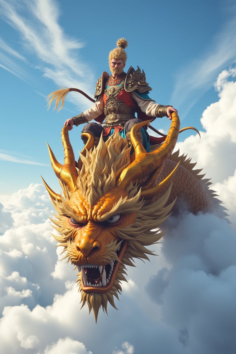 Wu Kong perches regally upon the majestic dragon's back as it ascends through the serene blue sky, wispy clouds scattered like whispers across the horizon. The dragon's scales glimmer warmly under the soft dawn light, while Wu Kong's resolute countenance is set in determination, his piercing gaze fixed on a distant point ahead.