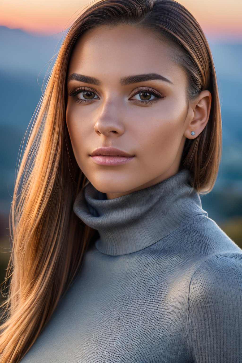 closeup headshot of S126_EstterMuniz, a gorgeous woman, on a (mountain:1.2), wearing a (turtleneck:1.2), (sunset), (8k, RAW photo, best quality, depth of field, ultra high res:1.2), (absurdres, intricate, photorealistic, masterpiece, ultra-detailed:1.3)