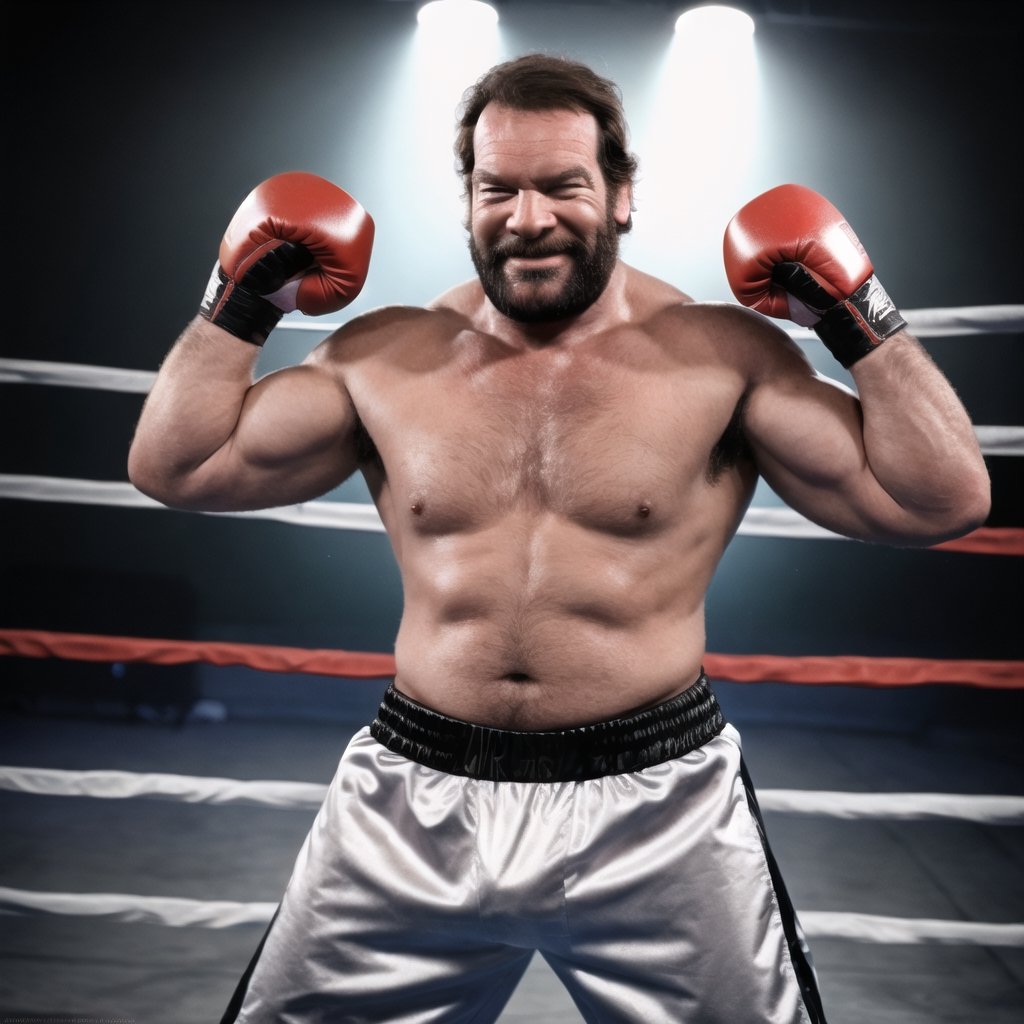 Bud Spencer, heavy weight boxer, boxing stance, dancing, boxing ring, looking at camera, solo, smile, black hair, solo focus, facial hair, beard, upper body, movie scene, wide angle, photography, old film, masterpiece, best quality, beautiful, high quality, highres, detailed, extremely detailed, ambient soft lighting, 16k, 64k, photoreal, realistic,photorealistic