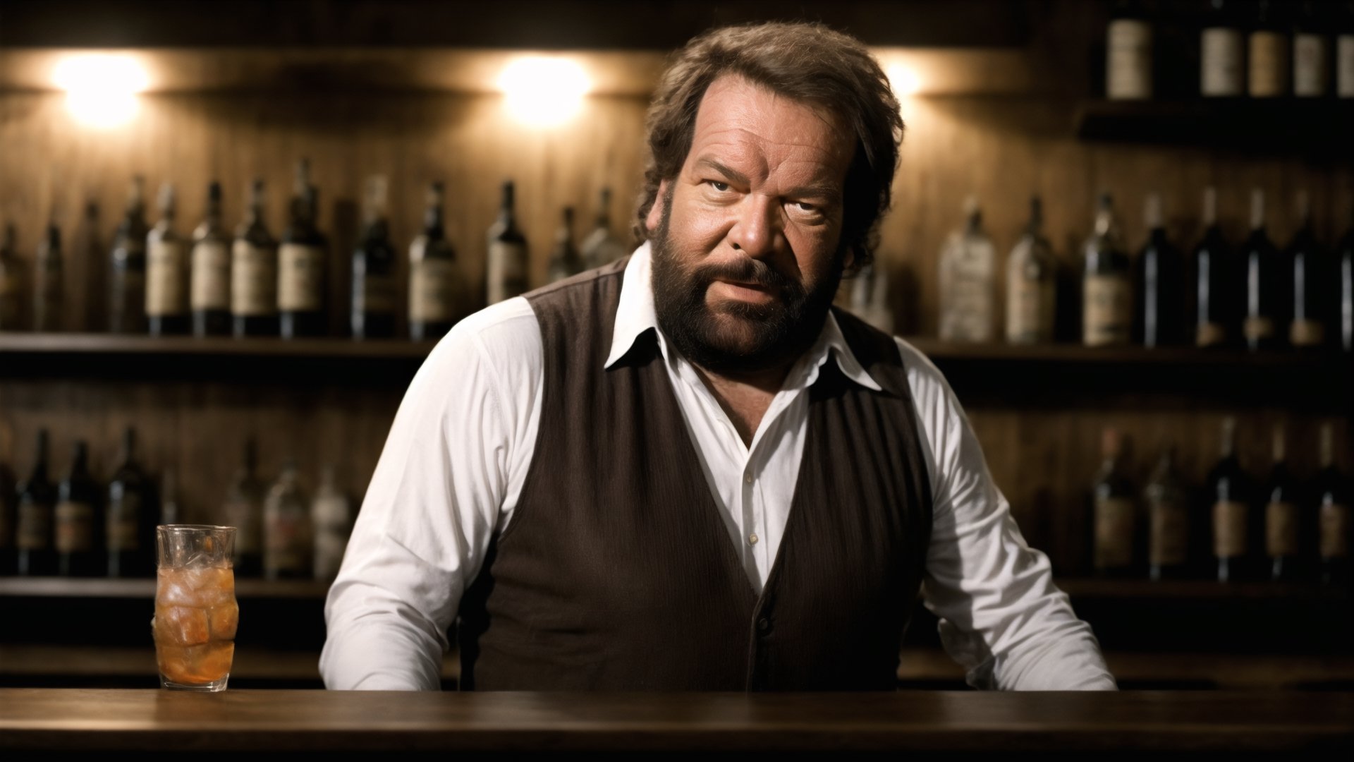 Bud Spencer as a bartender in a old western cantina, 1man, solo, cleanning a mug with a cloth, a few drinks and blottles on the bar, shelves full of bottles and mugs behind him, wearing a white t-shirt with a dark brown vest, full_body_shot, wide angle, long_shot, photography, old film, masterpiece, best quality, beautiful, high quality,  highres, detailed, extremely detailed, ambient soft lighting,  16k, 64k, photoreal, aesthetic portrait,