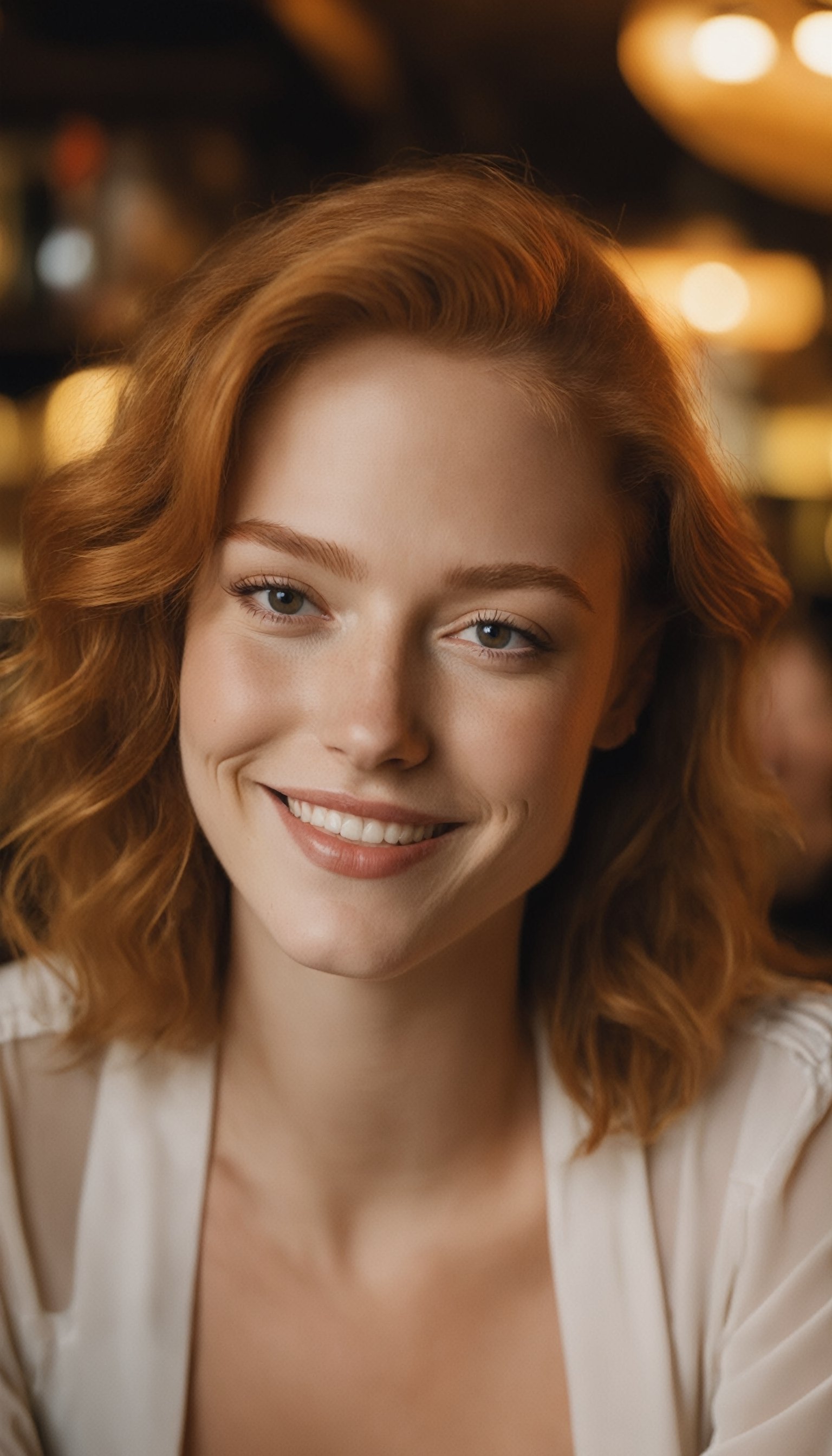 a close up photo of a 20 year old french woman in a blouse at a bar, seductive smile, ginger hair, cinematic light, film still,

